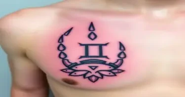 A mayan bear paw tattoo on the right front pec  with a Gemini symbol in the center