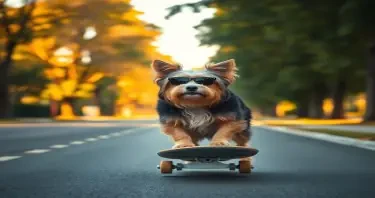 a havanese dog riding a skateboard on a long street with trees left and right of the road. wearing sunglasses