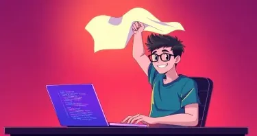 A Software-Developer sitting in front of his laptop. The laptop display shows code lines on it. The developer is raising a white flag above his head..