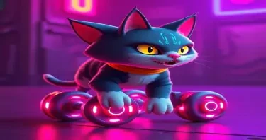 A cat with wheels for legs. Animated 3d art style