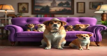 Studio Ghibli style, candid shot, famous randomly purple couch and randomly finished with randomly dogs, center point for a dog wearing a hat, Use camera is Canon EOS 5D Mark IV with a Canon EF 24mm f/1. 4L II USM lens, set at aperture f/2. 8 for a depth of field that highlights the furniture clean lines with rich and many detail, randomly color and finished, soft ambient light, studio light setting