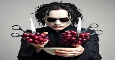 edward scissorhands mindful eating a grape johnny depp has scissors for hands white face tim burton style his hands are made of scissors
