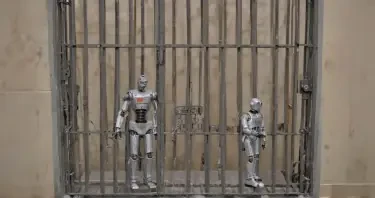 A humaniform robot is standing inside a jail cell like the one from the Andy Griffith show. The robot is trying to reach through the bars to a key that is hanging on the wall outside the jail cell to the robot’s right. The key is couple of feet beyond the reach of the robot. The viewpoint is from the outside the jail cell, eight feet away from the cell, 45 degrees on the robot’s left. The walls are institutional blue. The image should have a slightly humorous vibe.