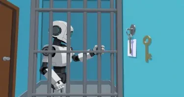 A humaniform robot is standing inside a jail cell like the one from the Andy Griffith show. The robot is trying to reach through the bars to a key that is hanging on the wall outside the jail cell to the robot’s right. The key is couple of feet beyond the reach of the robot. The viewpoint is from the outside the jail cell, eight feet away from the cell, 45 degrees on the robot’s left. The walls are institutional blue. The image should have a slightly humorous vibe.