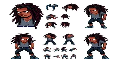 An 8 bit sprite sheet of a male in cyberpunk style with dreadlocks performing different actions.