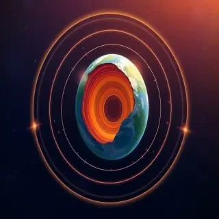 A detailed modern flat vector illustration, editorial illustration style, showing the physical mechanism of Earth’s magnetic field and the geodynamo in a full scene environment. The main focus is a cutaway view of planet Earth placed within a cosmic setting, where the internal layers are clearly visible, including the solid inner core and the flowing molten outer core. Inside the outer core, glowing liquid metal flows in circular motion, forming dynamic convection currents and spiral patterns that visually represent the geodynamo process. Surrounding the Earth, magnetic field lines curve smoothly from pole to pole, extending outward into space, interacting with solar particles and forming a protective magnetosphere. Subtle visual elements such as charged particles being deflected, aurora-like light effects near the poles, and flowing energy lines emphasize the invisible but active magnetic system. The environment is a complete cosmic scene with a deep space background, including a gradient sky filled with stars, distant nebula-like color transitions, and a soft glow around the planet. The space environment must feel continuous and fully integrated, not empty, with layered depth and atmospheric effects. Style uses smooth shapes, soft gradients, slight depth, and clean editorial design. The color palette includes deep blues, purples, and blacks for space, contrasted with bright orange and yellow tones for the molten core, and soft glowing cyan or green for magnetic field lines. High detail, crisp edges, and balanced composition. CRITICAL: full scene composition with a complete environment. The background must be part of the scene with clearly visible environment elements such as space, stars, and atmospheric depth. The image must be fully filled edge-to-edge. Absolutely no white background anywhere in the image. No blank or empty areas. No isolated objects. No floating composition. No transparent background. The background is not a studio backdrop, it is a real environment.
