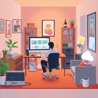 A detailed modern flat vector editorial illustration showing a full scene environment that visualizes the importance of data backups and the 3‑2‑1‑1‑0 strategy. The setting is a tech‑savvy home office with clearly visible walls, floor, furniture, and equipment. A person sits at a desk with a computer displaying a backup dashboard, while multiple storage devices are arranged naturally around the room: an external hard drive on the desk, a NAS device on a shelf, and a cloud symbol subtly integrated into a wall poster or window reflection. The environment includes bookshelves, plants, cables, a router, and warm ambient lighting, creating a realistic, lived‑in interior space.  The scene conveys the idea of protecting irreplaceable digital memories: family photos visible on the computer screen, folders representing documents and projects, and a sense of calm preparedness. Subtle visual metaphors appear naturally—such as a seatbelt‑like ribbon wrapping around a storage drive or a shield‑shaped desk lamp glow—without becoming abstract or floating elements. The composition emphasizes how a structured backup strategy (3 copies, 2 media types, 1 offsite, 1 offline, 0 errors) fits into everyday digital life.  Style: modern flat vector illustration, smooth shapes, soft gradients, slight depth, clean editorial design. Color palette: deep blues, soft teals, warm neutrals, subtle tech‑inspired accents.  CRITICAL: full scene composition with a complete environment. The background must be part of the scene with clearly visible environment elements such as walls and floor. The image must be fully filled edge‑to‑edge. Absolutely no white background anywhere in the image. No blank or empty areas. No isolated objects. No floating composition. No transparent background. The background is not a studio backdrop, it is a real environment.  No text, no watermark.