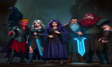 A five member dungeons and dragons adventuring party consisting of: A red-skinned thin male elven bard, a thin adrogynous female half-elf cleric/warlock wearing chainmail with a shadow raven familiar,  a curvy female half-elf warlock with purple hair wearing robes, a short but wide male dwarven ranger, and a very tall male half-giant barbarian/paladin.