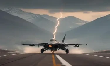 F16 flying near the mountains with an eagle flying alongside it, a blaze trail on a runway beneath the jet