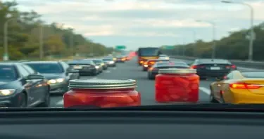 JARS OF JELLY IN TRAFFIC ON A HIGHWAY