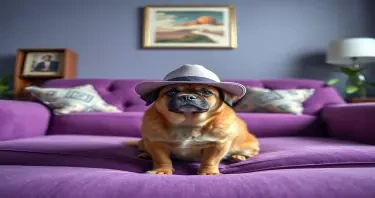 photograph, candid shot, famous randomly purple couch and randomly finished with randomly dogs, center point for a dog wearing a hat, Use camera is Canon EOS 5D Mark IV with a Canon EF 24mm f/1. 4L II USM lens, set at aperture f/2. 8 for a depth of field that highlights the furniture clean lines with rich and many detail, randomly color and finished, soft ambient light, studio light setting, ultra realistic, UHD, many details
