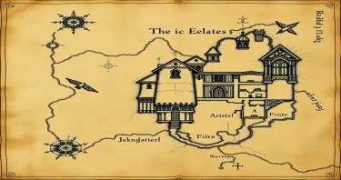 An ancient a weathered map of a gothic estate from the Metzinger family. The map should include secret doors, traps and secrets. The map should appear old, faded and hand drawn in a comic gothic style as if pages of an old journal. The map should be like that of a floor plan of the first floor of the mansion of estate.