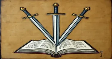 Three swords over an open book drawn a family crest in the style of a medieval fresco painting
