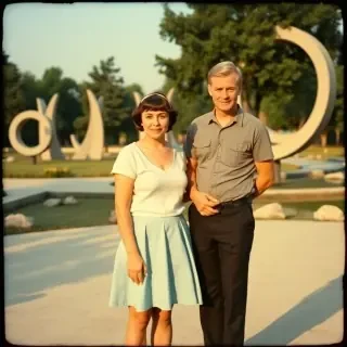 a vintage photograph depicting an old, romantic moment between a couple in a park setting, the woman, with short, dark hair and a light blue skirt, is standing close to the man, who has short, light blonde hair and a serious expression. The man, dressed in a grey, short-sleeved shirt and black trousers, is standing beside him, with his hands resting on his hips. He has a slight smile on his face, and his eyes are looking straight ahead. In the background, there are several large, abstract sculptures, including a large, circular structure, and a few trees. The ground is made of concrete, and the setting appears to be a park or garden, with a few scattered rocks and a small pond in the distance. The lighting is soft and natural, casting shadows and highlights on the couple, giving it a vintage, old-fashioned feel.