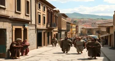 A realistic picture of the  Ancient Greece town of Athens in 815 BC.  A long view of the city as if walking down the middle of ancient  Athens in 815 BC with buildings on both sides of the street as the town gets smaller in the distance with people in ancient Greece time period clothes of 815 BC on the street living everyday life.