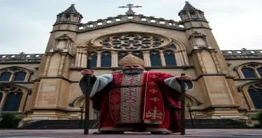 A 13th Century Church of England Bishop standing with his staff in front of the Catherdral at Wells, somerset.