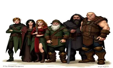 A five-member dungeons and dragons adventuring party consisting of: A thin male elven rogue/bard, a female half-elf cleric/warlock, a female half-elf sorceror/warlock, a short but wide male dwarven ranger, and a very tall male half-giant barbarian/paladin.