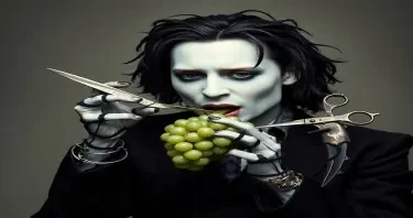 edward scissorhands mindful eating a grape johnny depp has scissors for hands white face tim burton style his hands are made of scissors he has scissor fingers and is eating a grape hands made of scissors