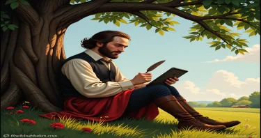An image showing William Shakespeare sitting under a tree writing on an iPad with a quill pen.