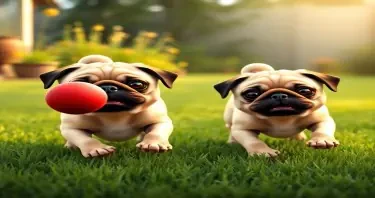 Two pugs, both fawn colored, playing in a grass filled back yard, chasing a red ball one pug is slightly larger than the other