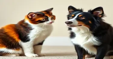 A classic portrait of a chubby tricolor female cat attempting to swipe at a frightened female Border Collie. The cat is plump, with vibrant tricolor fur, and has a mischievous expression, while the Border Collie looks startled, with wide eyes and a nervous stance. The background is soft and blurred, with natural lighting emphasizing the characters’ emotions. The animals’ expressions are detailed and lifelike, with a classic, timeless feel, capturing the playful yet tense moment.