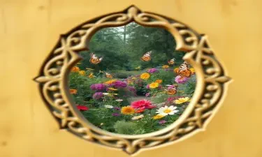 A mesmerizing photograph that seamlessly combines the mystique of a detailed keyhole outline with the vibrancy of a garden. The intricately designed keyhole frames a harmonious blend of colorful flowers and lush foliage, creating a captivating landscape within its confines. The garden comes alive with dancing butterflies, adding a touch of whimsy and movement to the serene scene. This enchanting fusion of geometric shapes and thriving nature ignites curiosity and wonder, inviting viewers to delve into the hidden mysteries hidden within the depths of this magical world. The photgraph, showcting beauty and allure of this captivating garden.