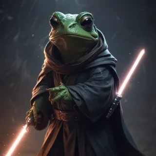 a jedi frog holding a light saber