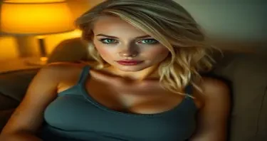 close-up portrait of the same blonde woman from the reference images, with identical facial features and hair color,  sitting on a couch in a dimly lit room, wearing a fitted grey ribbed bralette, very large bust fully covered,  tousled blonde hair over one shoulder, green eyes softly squinting and aligned with the camera, perfectly symmetrical eyes,  natural eyelids, no artifacts or distortions inside eyes, no reflections,  bare face with no makeup, matte skin, visible pores, slight imperfections,  soft warm lamp light from the side, photographic camera-focused shot from shoulders up, realistic and natural mood,  strictly matches reference identity, no visual deviation
