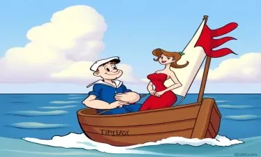 Can you draw a Popeye sailor sailing on a boat named Tipsy Easy with a young lady in red