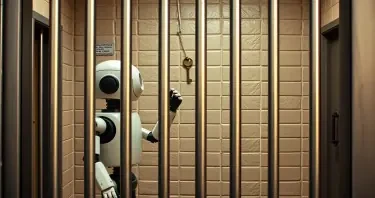 A humaniform robot is standing in a jail cell like the one from the Andy Griffith show. The robot is trying to reach through the bars to a key that is hanging on the wall that is couple of feet out of its reach. The image should have a slightly humorous vibe. The viewpoint is like that of a television scene where the set, character, and props are easily seen and recognized.