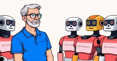 A man is wearing a blue polo shirt with slightly gray hair, a short beard, and glasses is scolding a group of robots. Each robot has a t-shirt with one of the following logos: ChatGPT, Copilot, or Perplexity.ai