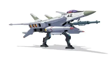 Chinese, Chengdu J-20 style, anime, laterally symmetrical, Macross Valkyrie, Gerwalk Mode, with arms & GU-11 Gun Pod,on a white background. No Multiple cockpits, no deformed legs