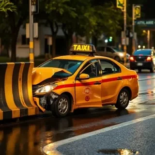 Damaged taxi after hitting the barrier, wet street after rain, yellow street lighting