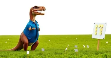 A T-Rex wearing a blue polo shirt and a tie. He is seen in profile on the left side of the image. His mouth is wide open. The T-Rex is looking across a large field of green. He towers above the field. He is facing randomly placed index cards on sticks sticking out of the ground, and one white board with several sticky notes on it.
