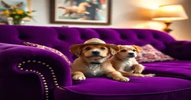 photograph, candid shot, famous randomly purple couch and randomly finished with randomly dogs, center point for a dog wearing a hat, Use camera is Canon EOS 5D Mark IV with a Canon EF 24mm f/1. 4L II USM lens, set at aperture f/2. 8 for a depth of field that highlights the furniture clean lines with rich and many detail, randomly color and finished, soft ambient light, studio light setting, ultra realistic, UHD, many details