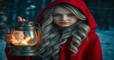 a young woman, long wavy silver hair, wearing a red hooded cloak, standing in a snowy forest at night, holding the metal handle of a glowing lantern (not touching the glass), cinematic lighting, soft glow, ultra detailed, realistic Negative prompt: holding hot glass, distorted fingers, unrealistic grip, deformed, blurry, ugly
