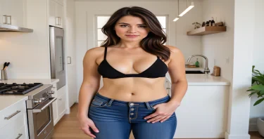 a realistic version of Mrs Impossible wearing jeans and a black bra, standing in a modern home kitchen