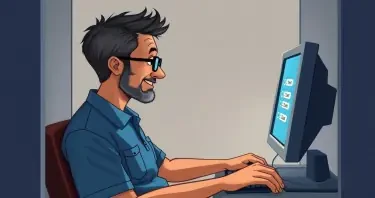 A man with black hair and a thin beard, both going grey, tan skin, wearing glasses and a blue pocket polo shirt, is sitting at a computer terminal in a narrow booth sweating while he is attempting to answer a multiple choice question on the screen