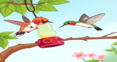 Please create a cartoon drawing of an angry hummingbirds chasing away a squirrel on a branch trying to drink from a hummingbird feeder for a children's book.
