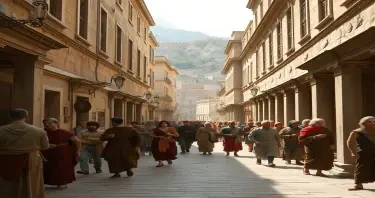 a photorealistic picture of inside the busy streets of ancient Greece city during the time when Aristotle lived with people in period clothing