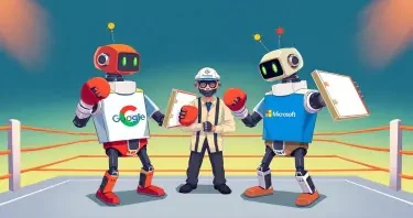 Illustrate a dynamic scene of Rockem Sockem robots in a boxing ring. One robot wears a Google t-shirt, the other wears a Microsoft t-shirt. Both robots wield notebook binders as weapons instead of using their fists. A third robot, acting as the referee, wears a Perplexity-branded hat. The setting is vibrant and playful, emphasizing a friendly competition between the two tech giants, with clear branding on the robots and the referee. The style should be engaging and suitable for a professional blog post about AI productivity tools.