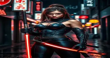 Cyberpunk samurai warrior woman, about 30 years old, dangerous expression, with skin-tight armoured bodysuit and glowing katana, standing on rain-slick street, neon signs, dark city alley, moody lighting, futuristic Tokyo vibe