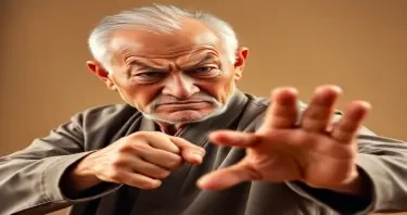 Old asian man with a funny face performing karate chop with a disgruntled face