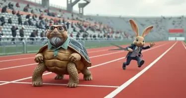 A Tortoise is calmly crossing the finish line of a track race. The Tortoise has a thin beard, is wearing glasses, and is wearing a polo shirt that covers the top half of his shell. Behind the Tortoise is a Rabbit. The rabbit is carrying scissors. The Rabbit has tripped and is falling and looks terrified. The rabbit is wearing a suit. The stands around the track are occupied with humaniform robots.