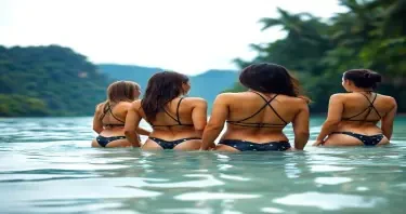 four sexy Brazilian girls wearing g strings with their backs facing the camera playing in the water at an exotic jungle beach location