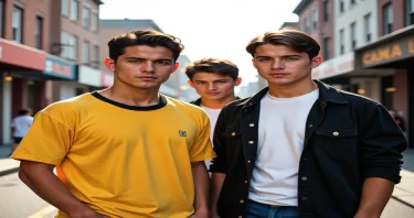 ((Fine art photography:1.8)), ((cinematic film:1.8)), (((grainy Polaroid aesthetic:2.2))), ((realistic skin texture:1.8)), ((volumetric light:2.0)), ((warm backlight:1.8)),(( dynamic shadows:1.6)) In this vibrant scene, three young men stand confidently in an urban environment, exuding a sense of camaraderie and attitude. The foreground features two men: one in a striking yellow shirt with black accents, showcasing a smooth expression that conveys determination, and the other in a dark outfit, sporting casual streetwear and a composed demeanor. A third figure, slightly behind, adds depth to the composition, creating a visual dynamic. The background captures a sunlit street with soft bokeh effects, emphasizing the subjects while hinting at the lively neighborhood. Soft, diffused lighting highlights their facial features, casting gentle shadows that accentuate their expressions. The overall mood is assertive yet relaxed, reminiscent of classic 90s street culture. The color palette includes bold contrasts between the men's clothing and the cooler background tones, offering a striking visual appeal. The composition balances the figures and maintains focus on their interactions and individual personalities. References to urban films of the era inspire the style, enhancing the nostalgic yet modern feel of the imagery.