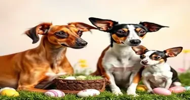 2 Saluki dogs. One fawn and one black, tan and white, and one cram and fawn Chihuahua in an Easter themed photo