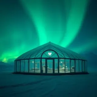 a surreal glass greenhouse in the Arctic, emerald aurora, cinematic lighting, ultra detailed
