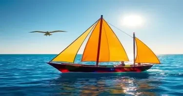 A beautiful sailing ship made of coloured glass on a sapphire blue sea. A pterodactyl flies high in the distance under a bright sun that makes everything sparkle