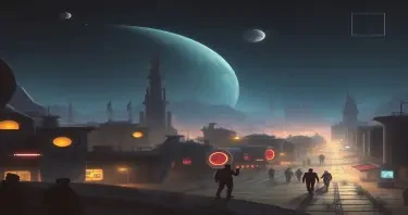 a nighttime scene on a distant planet, in a futuristic city with aliens bustling about